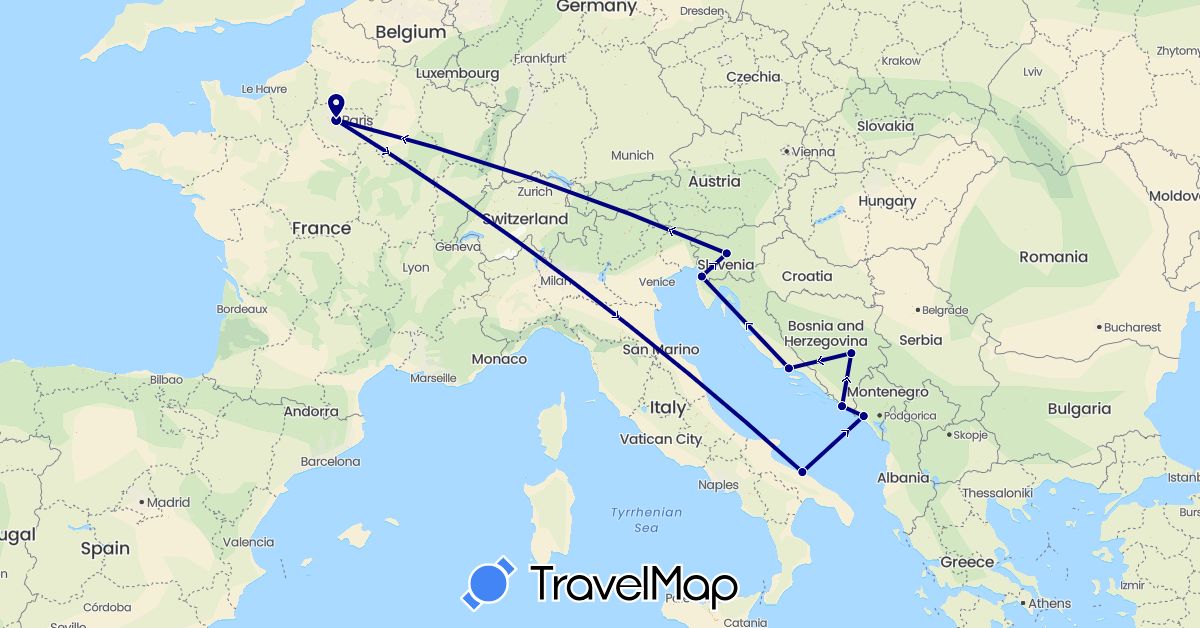 TravelMap itinerary: driving in Bosnia and Herzegovina, France, Croatia, Italy, Montenegro, Slovenia (Europe)